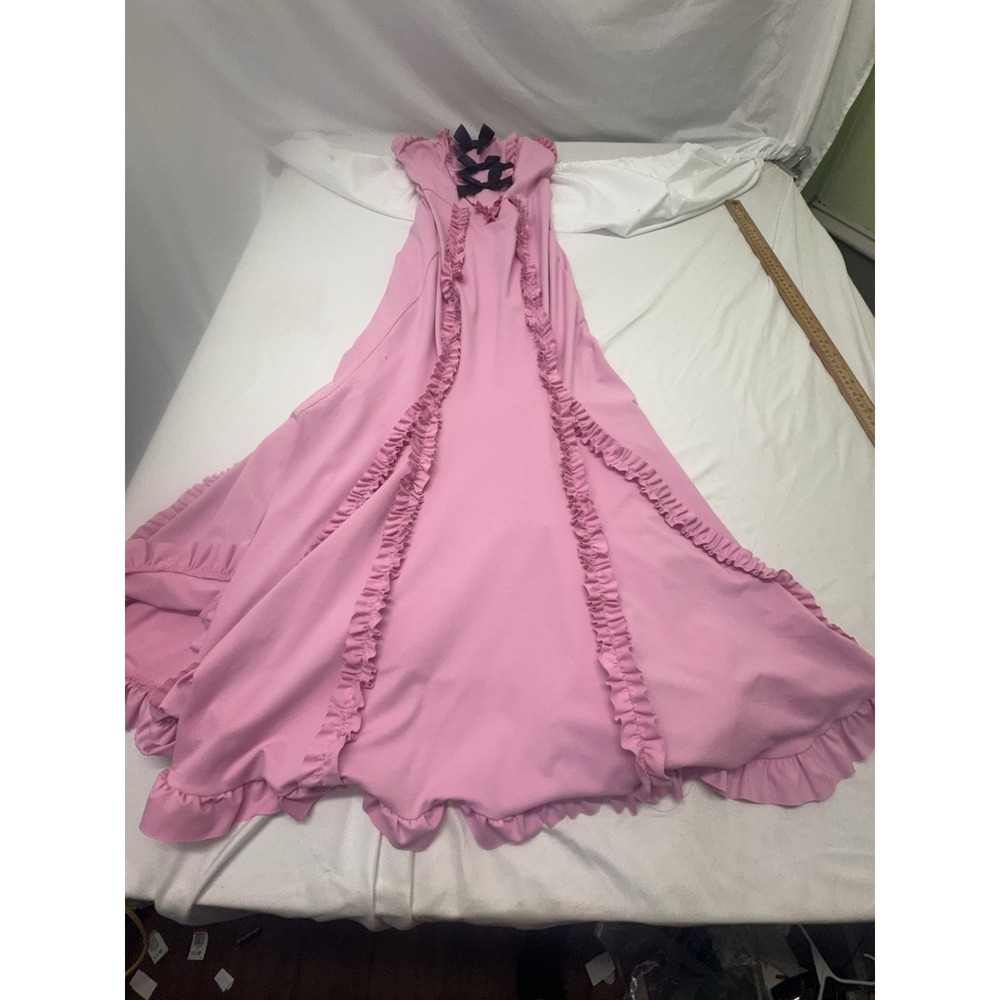 ZESICA Small Pink Ruffled Maxi Dress Bow Front Cottagecore Fairycore Prom Dressy
